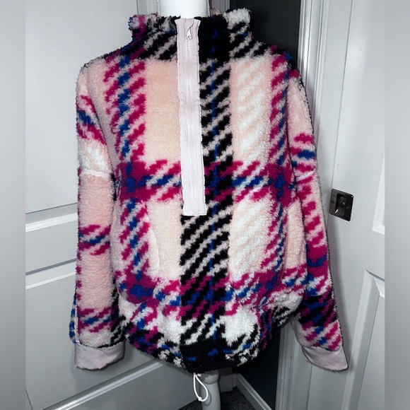 SO Tops - SO XXL Oversized Sherpa Fleece Pullover Plaid Zip High Neck Cozy Jacket